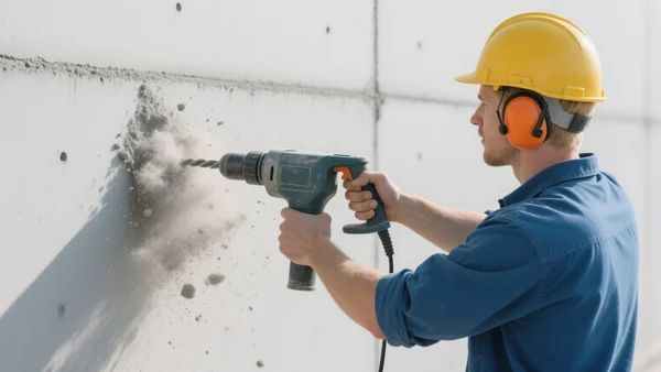 Ouvrier du bâtiment portant un casque de chantier jaune et des protections auditives, en train d'utiliser une perceuse à percussion sur un mur en béton, poussière et débris en suspension