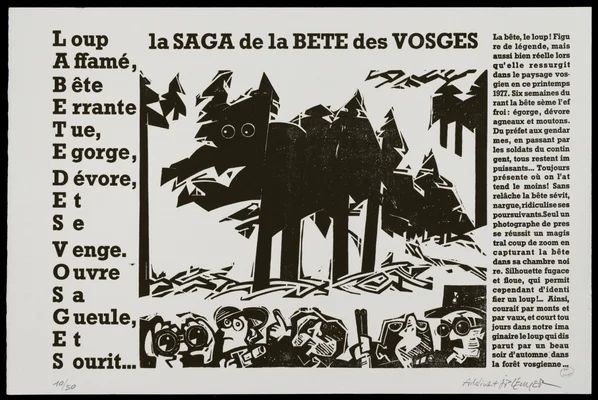 Affiche illustrée racontant la saga de la Bête des Vosges.