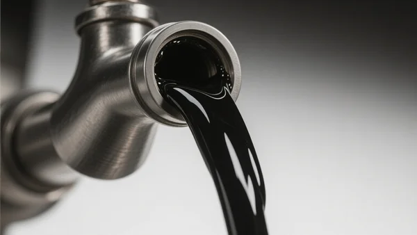 Gros plan d'un robinet industriel en acier massif ouvert, laissant s'écouler un jet épais de pétrole brut noir et visqueux, avec un éclairage contrasté et dramatique