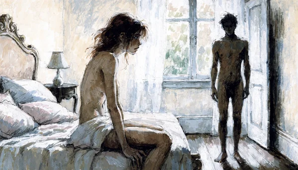 Une femme assise seule sur le bord d'un lit, le visage marqué par la tristesse et la confusion, tandis qu'un homme se tient debout dans l'ombre en arrière-plan, créant une atmosphère de tension et de malaise