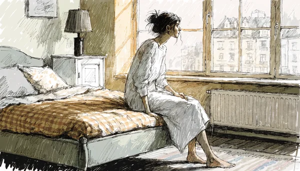 Une personne seule, habillée, assise pensivement sur le bord de son lit dans une chambre moderne, regardant vers la fenêtre