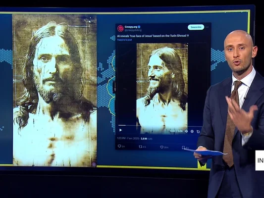 Un présentateur de France 24 déconstruit une vidéo prétendant montrer le visage de Jésus reconstitué par IA.