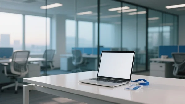 Un bureau vide dans un open-space moderne de la Silicon Valley, avec un ordinateur portable ouvert et un badge d'entreprise posé sur le bureau, lumière froide du matin traversant de grandes baies vitrées