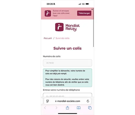 Interface de suivi de colis Mondial Relay sur un écran d'ordinateur.