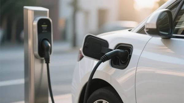 Vue rapprochée d'une borne de recharge électrique moderne avec un câble branché dans une voiture, arrière-plan urbain flou avec une lumière naturelle de fin de journée