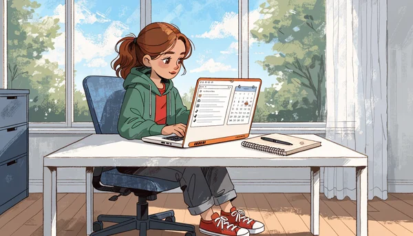 Étudiant concentré devant un ordinateur portable dans une chambre lumineuse, écran affichant une liste de vœux et un calendrier, stylo et carnet de notes à côté