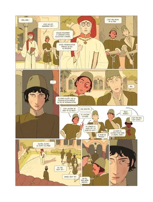 Extrait de la bande dessinée avec des personnages en tenues d'époque discutant devant un bâtiment.