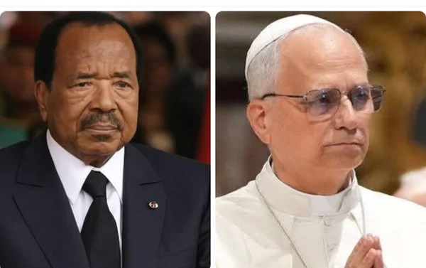 Paul Biya et le Pape Léon XIV côte à côte sur une photographie.