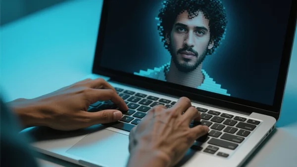 Premier plan d'une main tapant sur un clavier d'ordinateur portable avec un reflet numérique flou d'un visage humain composite sur l'écran, lumière bleue et ambiance froide