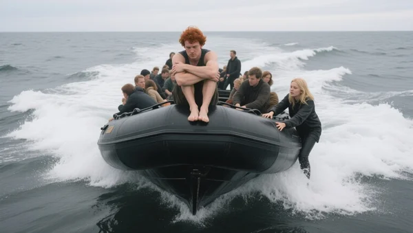 Vue en plongée d'un petit canot pneumatique noir surchargé de personnes traversant une mer grise et agitée, avec des vagues blanches