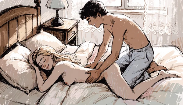 Personne allongée nue sur le ventre sur un lit, mains du partenaire posées sur le bas du dos, lumière tamisée et ambiance feutrée