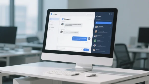 Vue rapprochée d'un écran d'ordinateur affichant une interface de messagerie professionnelle avec un panneau latéral d'intelligence artificielle résumant un long fil de discussion, lumière naturelle de bureau