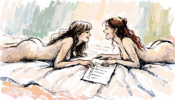 Deux mains nues tenant ensemble une feuille de papier avec des cases cochées, posée sur un drap blanc