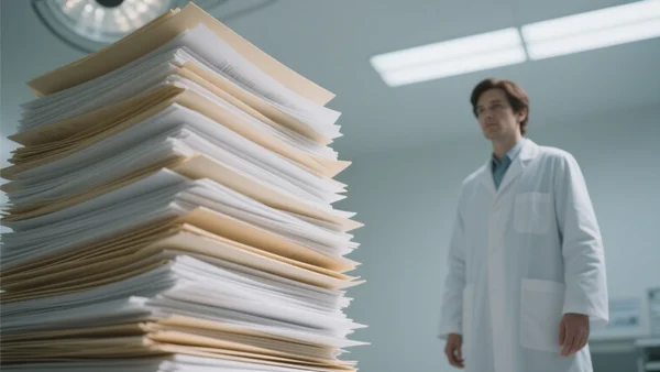 Vue en contre-plongée d'une haute pile de dossiers médicaux éclairés par une lumière froide et chirurgicale, avec au fond une silhouette floue de médecin en blouse blanche