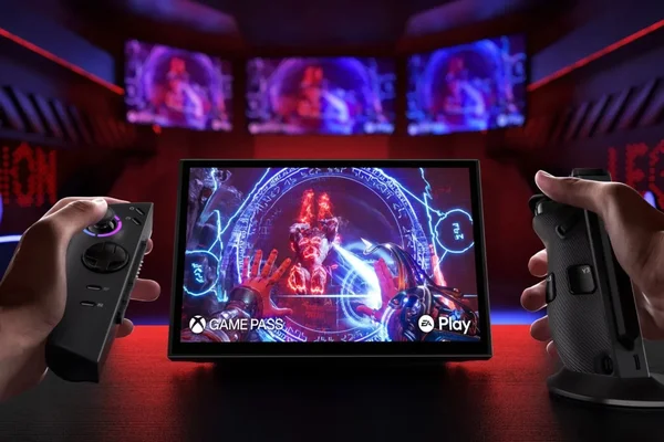 Configuration de jeu avec manettes et écran affichant les logos Xbox Game Pass et EA Play.