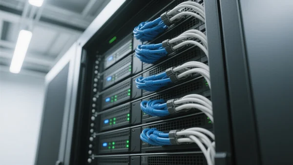 Vue rapprochée d'un serveur informatique moderne dans un centre de données, avec des diodes bleues et vertes clignotantes et des câbles réseau organisés, éclairage technologique froid