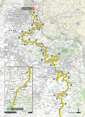 Carte du parcours détaillé de Paris-Roubaix 2024.