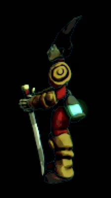 Design en pixel-art d'un chevalier de Sol Cesto portant un grand chapeau et tenant une épée.