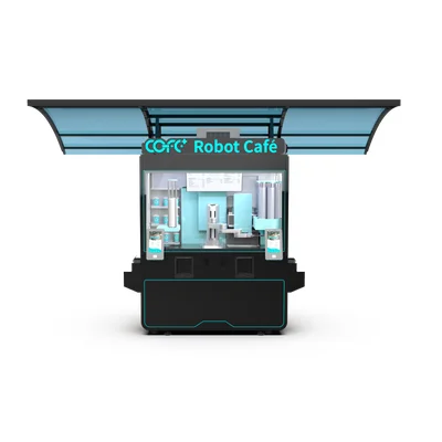 Illustration d'un robot de service kiosque café intelligent et autonome Cofe+ Futronics.