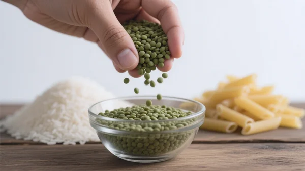 Gros plan d'une main versant des lentilles vertes sèches dans un bol en verre, avec du riz blanc et des pâtes en arrière-plan sur une table en bois