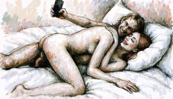 Pénétration vaginale en missionnaire, couple nu sur un lit, un bras tendu vers un téléphone portable qui enregistre la scène