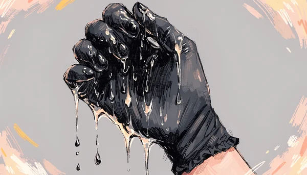 Main gantée en nitrile noir effectuant la position du canard silencieux, doigts repliés et joints, lubrifiant visible sur la main et le poignet, fond neutre