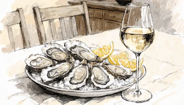 Un plateau d'huîtres fraîches sur un lit de glace avec des quartiers de citron et un verre de vin blanc, lumière naturelle et élégante