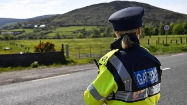 Une policière de la Garda surveillant une zone rurale après la découverte d'une bombe sous son véhicule.