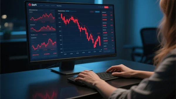Écran d'ordinateur affichant une interface de plateforme DeFi sombre avec des chiffres rouges en chute libre et des graphiques de transactions crypto, mains d'un utilisateur floues au premier plan, lumière froide de bureau nocturne