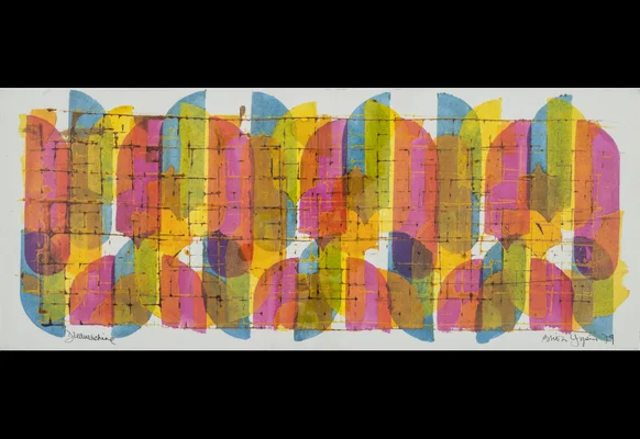 Une œuvre abstraite de Brion Gysin présentant des formes géométriques vives et un motif en grille.
