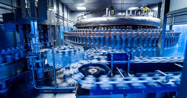 Installation industrielle de production avec des chaînes de remplissage et des bouteilles en plastique sur tapis roulant.