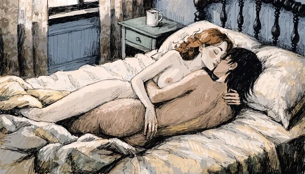 Couple nu enlacé sur un lit, s'embrassant lentement avec tendresse, lumière douce de chambre à coucher