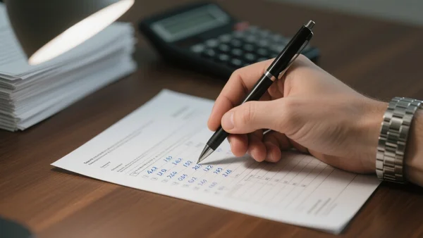 Premier plan d'une main tenant un stylo posé sur une feuille de déclaration d'impôts remplie, avec une calculatrice et des papiers administratifs en arrière-plan, lumière de bureau tamisée