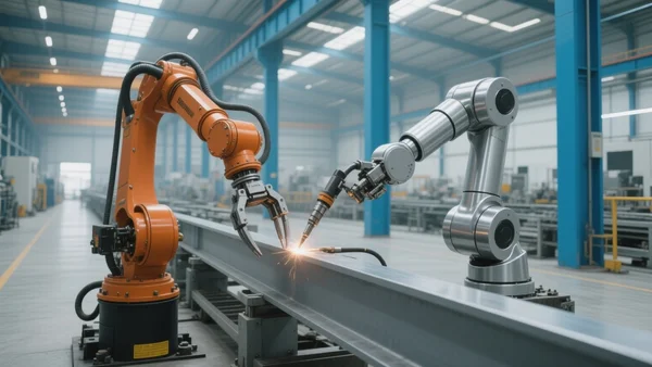 Vue d'ensemble d'une ligne de montage industrielle moderne avec des bras robotiques orange et gris assemblant des pièces métalliques lourdes dans une usine vaste et lumineuse