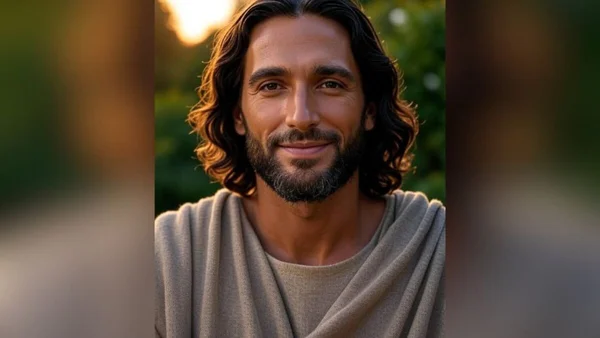 Visage expressif de l'IA représentant Jésus, vêtu d'un drapé clair sur fond flou.