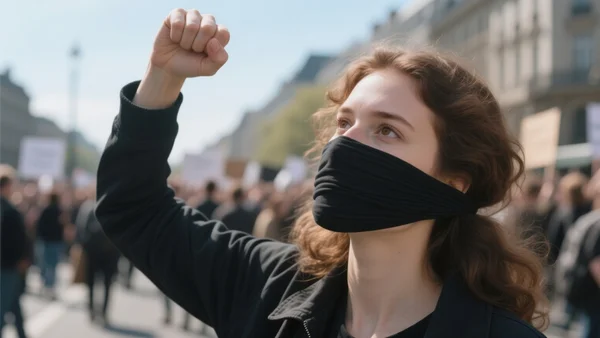 Femme au premier plan levant un poing en signe de protestation, bouche silencieuse par un bandeau noir ou une main floue, arrière-plan flou de foule en manifestation, lumière naturelle du jour