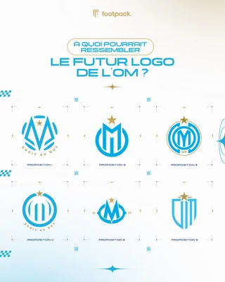 Six propositions de logos pour l'OM présentées sur une infographie avec des motifs bleus et or.