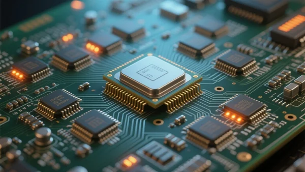 Premier plan rapproché d'une carte électronique haute technologie avec des processeurs et des puces mémoire complexes, lueurs bleues et orange des circuits intégrés, ambiance technologique