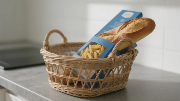 Vue rapprochée d'un panier de courses contenant quelques produits de base comme du pain et des pâtes sur un comptoir de cuisine simple, lumière naturelle du jour