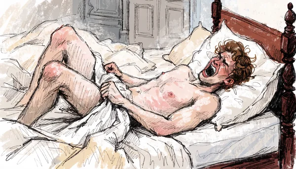 Homme nu allongé sur le dos sur un lit, le visage crispé dans une expression de douleur aiguë au moment de l'orgasme
