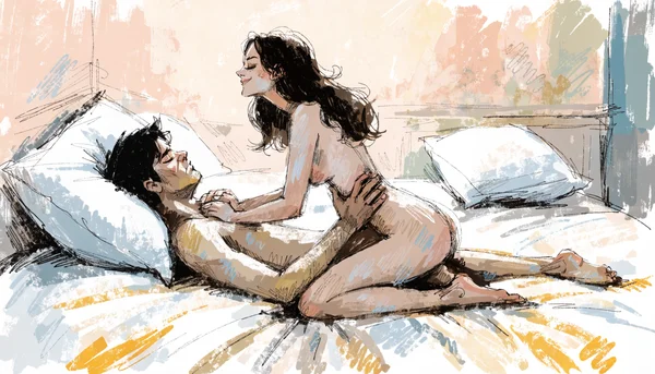 Pénétration anale en position du cavalier, la femme assise sur le partenaire allongé contrôlant la profondeur du mouvement, corps nus