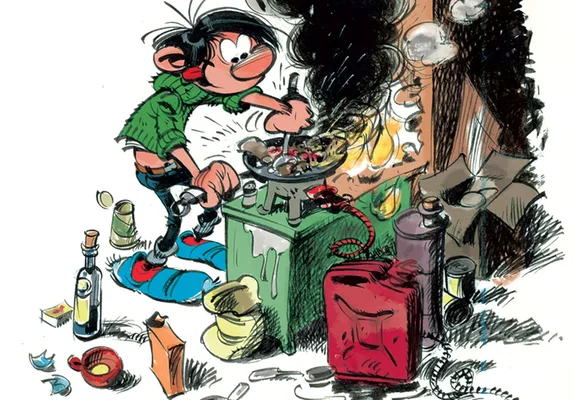 Gaston Lagaffe tentant de cuisiner sur un gril en flammes.