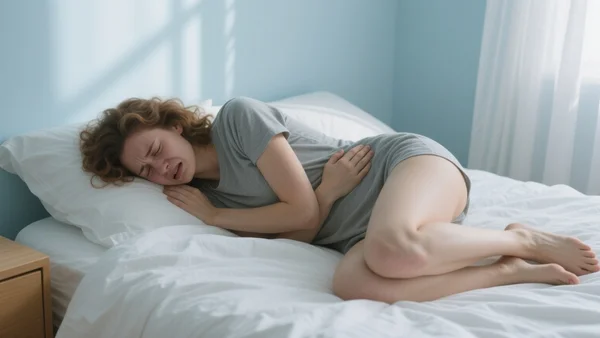 Femme seule dans une position fœtale sur un lit, le visage crispé par la douleur, main posée sur son bas-ventre