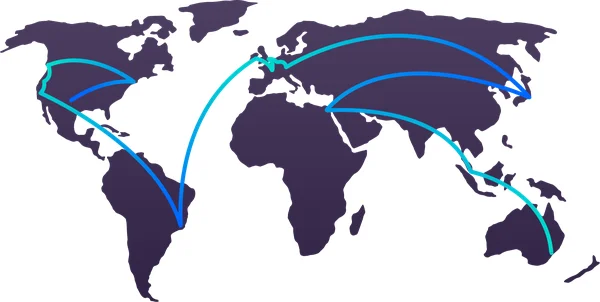 Carte du monde abstraite en violet foncé illustrant les connexions et routes internationales de l'entreprise.