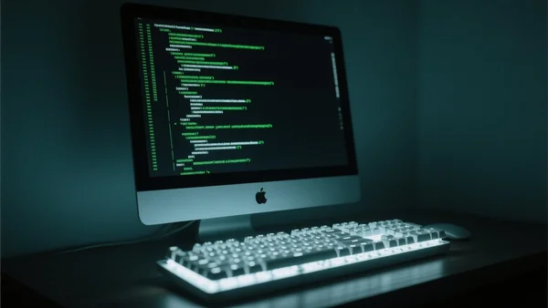 Vue rapprochée d'un écran d'ordinateur dans une pièce sombre, affichant des lignes de code informatique vert et blanc sur fond noir, avec un clavier rétroéclairé au premier plan
