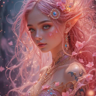 Personnage de fantasy avec des bijoux élaborés et des fleurs roses brillantes, généré par IA.