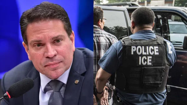 Alexandre Ramagem s'exprimant devant un micro, juxtaposé à une intervention d'un agent de l'ICE.