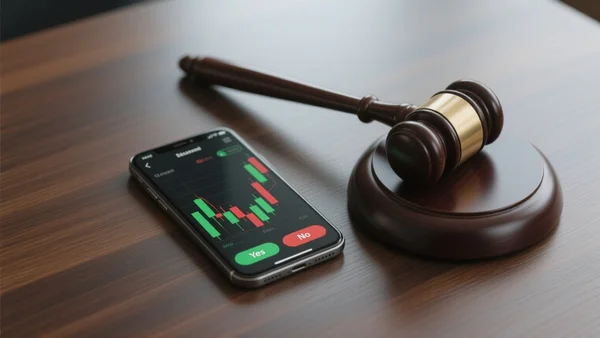 Gros plan sur un smartphone affichant une interface de trading avec des graphiques boursiers et des boutons Oui et Non, posé sur une table à côté d'un marteau de juge en bois