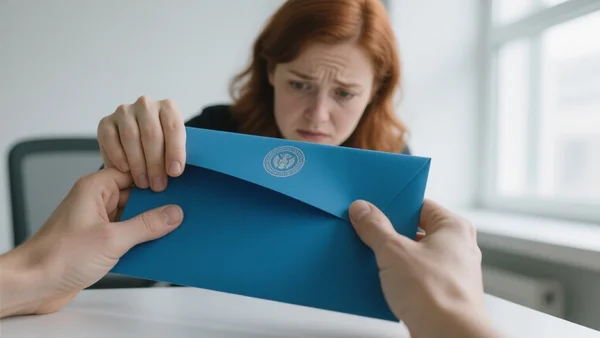 Premier plan d'une main ouvrant une enveloppe administrative bleue marquée d'un logo officiel, visage inquiet flou en arrière-plan, lumière naturelle de bureau