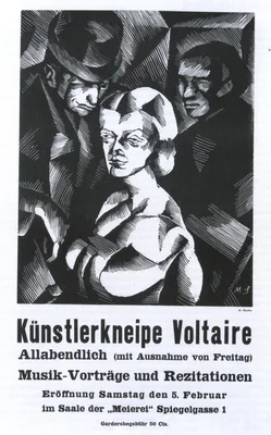Reproduction d'une œuvre expressionniste représentant l'effervescence du Cabaret Voltaire en 1916.